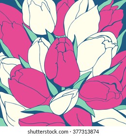 Floral background with tulips. Vector sketch illustration in vintage style, romantic pattern.