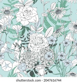 The floral background is turquoise. Seamless vector pattern with daisies, roses and ferns