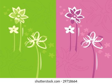 Floral background in two color variations with abstract flower silhouettes.