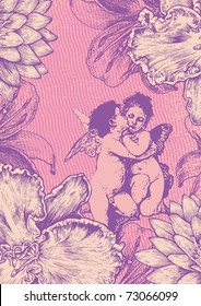 Floral background and valentine's angels, vintage engraved style. vector illustration