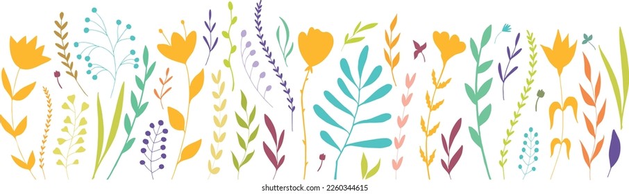Floral background with various hand drawn flowers in bright colors. Botanical elements. Flower bed. Floral collection
