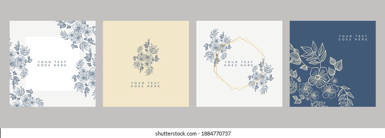 Floral background. Vector design templates in simple modern style with copy space, flowers and leaves - wedding invitation backgrounds, fashion, beauty frames, social media wallpapers, greeting card