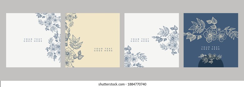 Floral background. Vector design templates in simple modern style with copy space, flowers and leaves - wedding invitation backgrounds, fashion, beauty frames, social media wallpapers, greeting card