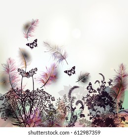 Floral background with vector feathers and plants