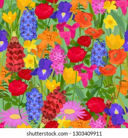Floral background vector illustration. Flowery field seamless pattern. Different colorful cartoon flowers such as roses, daffodil, poppy, tulip, iris, daylily, gerbera with grass.