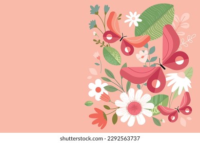Fondo floral. Ilustración vectorial de la naturaleza, flor, hola primavera y verano, belleza y moda, para banner web, afiche, marketing, medios sociales.
