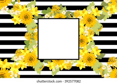 Floral  background vector illustration. Sprig of mimosa, flowers and leaves of sakura, cherry and magnolia, spring background, floral greeting card