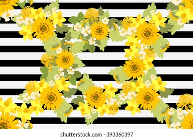 Floral  background vector illustration. Sprig of mimosa, flowers and leaves of sakura, cherry and magnolia, spring background, floral greeting card