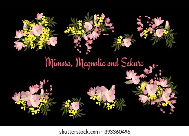 Floral background vector illustration. Sprig of mimosa, flowers and leaves of sakura, cherry and magnolia, spring background, floral greeting card