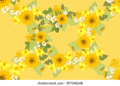 Floral  background vector illustration. Sprig of mimosa, flowers and leaves of sakura, cherry and magnolia, spring background, floral greeting card