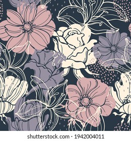 Floral background.  Vector seamless pattern with hand drawn flowers
