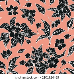 Floral background Vector seamless pattern blooming branches of black and white apples flowers on pink . Hand drawn elements illustration for design packaging textile wallpaper fabric