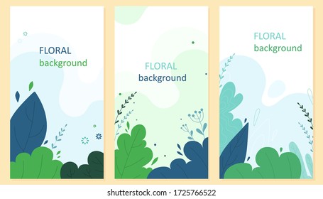 Floral background. Vector set of backgrounds in cartoon flat style.
