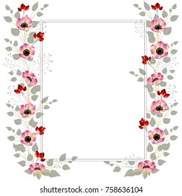 Floral background. Vertical pattern. Berries. Dog-rose. Vector illustration. Pink flowers. Frame. Border. Briar.