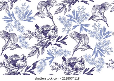 Floral background with vintage flowers and birds. Vector botanical illustration. Pattern, banner. 