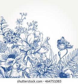 Floral background with vintage flowers. Vector botanical illustration. Chrysanthemum, tulip, peony, anemone, phlox, ferns, boxwood. Design elements. Blue flowers.
