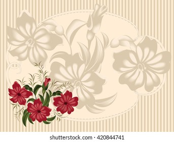 Floral background. Vintage Greeting Card with Blooming red flowers. Floral frame with flowers.Postcard in vintage style with red flowers.Background with bouquet flowers in retro style.
