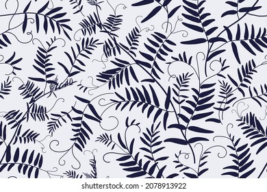 Floral background. Vintage seamless pattern. Black branches of grass on a white background. Handmade graphics. Victorian style. Textiles, paper, wallpaper decoration. Ornamental cover. Vector.