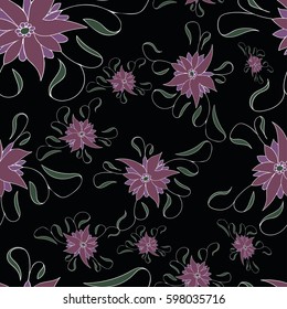 Floral background in vintage style. Vector seamless pattern. Decorative embroidery of flowers. Ornament for textile on a black background. Colorful blooming flowers.Elegant template for fashion print.
