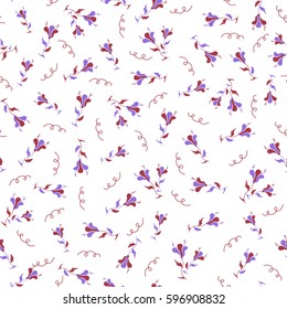 Floral background in violet and red colors for printing on fabric, paper for scrapbooking. Vector retro cute seamless pattern with many flowers on a white background.