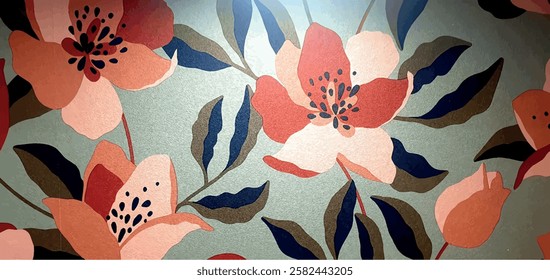 Floral background, floral wallpaper texture, floral fabric texture. Interior design texture. Abstract magnolia flowers, tulips in pastel colors. Orange flowers, brown, beige, green leaves art design.