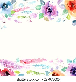 Floral background. Watercolor floral bouquet. Birthday card. Floral decorative frame.