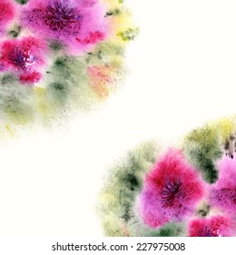 Floral background. Watercolor floral bouquet. Birthday card. Floral decorative frame.