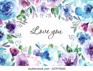 Floral background. Watercolor floral bouquet. Birthday card. Floral decorative frame.