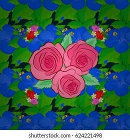 Floral background with watercolor effect. Textile print for bed linen, jacket, package design, fabric and fashion concepts. Vector seamless pattern with roses and leaves on a blue background.
