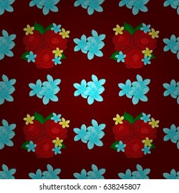 Floral background, watercolor effect. Textile print for bed linen, jacket, package design, fabric and fashion concepts. Vector seamless pattern with red rose flowers and green leaves on red background