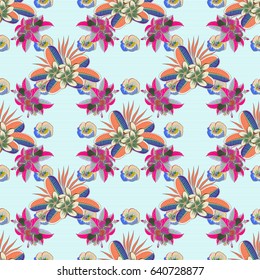 Floral background with watercolor effect. Textile print for bed linen, jacket, package design, fabric and fashion concepts. Vector seamless pattern with flowers and leaves in green and blue colors.