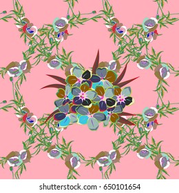 Floral background with watercolor effect. Textile print for bed linen, jacket, package design, fabric and fashion concepts. Vector seamless pattern with flowers and leaves in pink and blue colors.