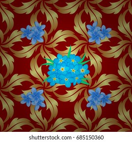 Floral background, watercolor effect. Textile print for bed linen, jacket, package design, fabric and fashion concepts. Vector seamless pattern with forget-me-not flowers and gold on red background.