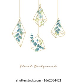 floral background with watercolor eucalyptus leaves in terrarium