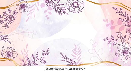 Floral Background with Watercolor Splashes and Drops. Abstract foliage design with hand painted watercolor texture