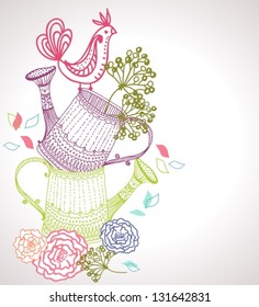 Floral background with watering can and bird, illustration, vector