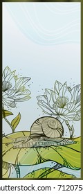 floral background with waterlilies and a snail