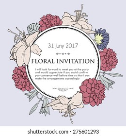 Floral background for wedding, birthday, invitation. Vector hand drawn illustration with lily, rose, dahlia