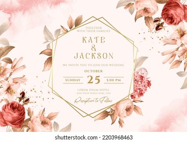 Floral background wedding invitation with roses and leaves decoration