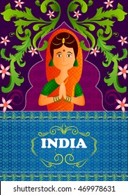 Floral background with Welcome gesture of hands of Indian woman showing Incredible India in vector