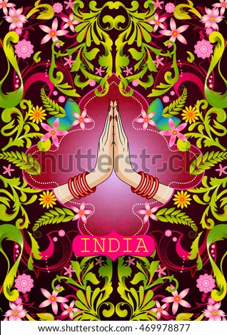 Floral background with Welcome gesture of hands of Indian woman showing Incredible India in vector