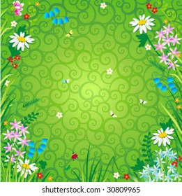 Floral background with wildflowers and green swirly backdrop ( for high res JPEG or TIFF see image 30809968 )
