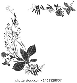 Floral background with wildflowers, herbs and space for text on white. Invitation, greeting card or an element for your design. Vector. Silhouette.