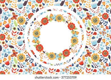 Floral background with wreath inside. Flowers, leaves and butterfly. Frame for design. Good for card, invitation, presentation, product design, wedding, notebook cover, flyer, party. Vector