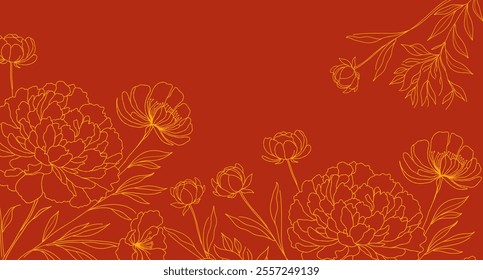 Floral background. Yellow line art flowers on a red background. Minimalist and modern botanical design. For wallpapers, invitations, or fabric prints, greeting cards. 