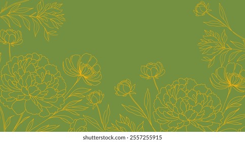 Floral background. Yellow line art flowers on a green background. Minimalist and modern botanical design. For wallpapers, invitations, or fabric prints, greeting cards. 