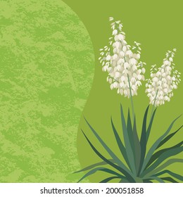 Floral background with Yucca flowers and leaves and abstract pattern. Vector