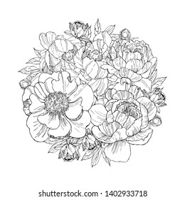 Floral background.Hand drawn flowers and leaves in a circle. Sketch illustration