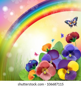 Floral background,rainbow, colorful pansies flowers in the meadow