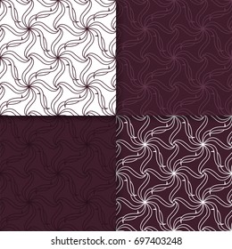 Floral backgrounds. Abstract maroon brown seamless wallpapers. Colored set